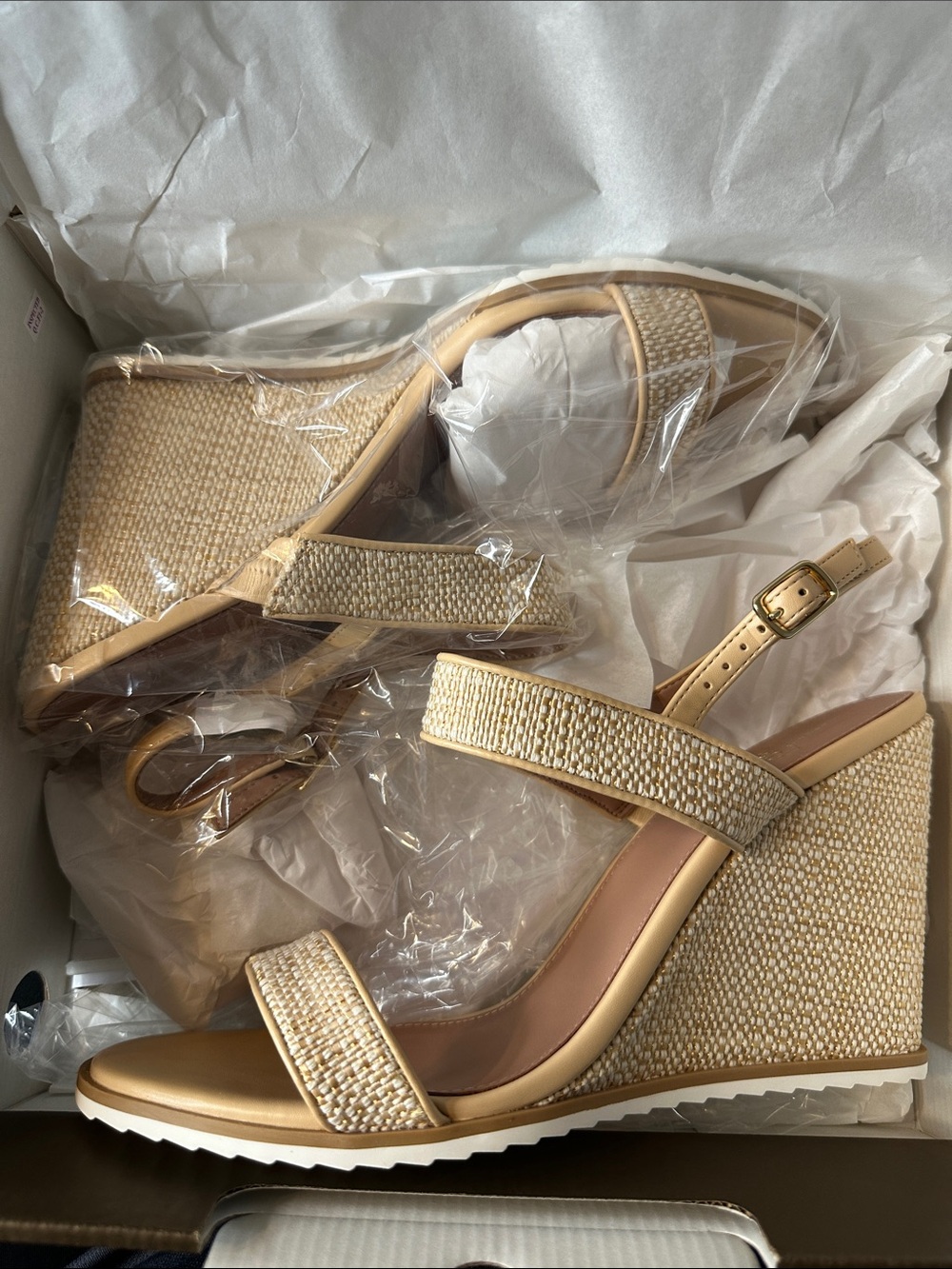 NIB Linea Paolo Edith Wedge Sandal in Natural Woven/Nappa PU